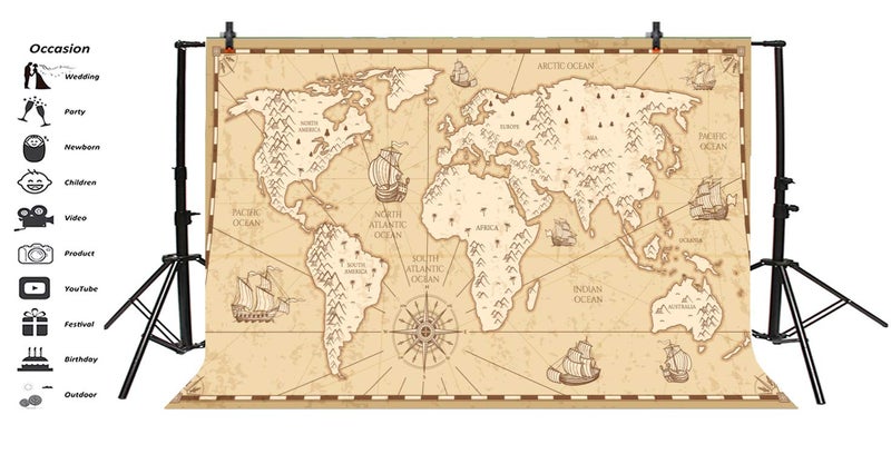 AOFOTO 5X3ft Ancient World Map Backdrop Military Nautical Theme Vinyl Photography Background Sailling Boats Compass Mainand Ocean Video Backdrops Displays TV Film Production Wallpaper Studio Props - Image 3